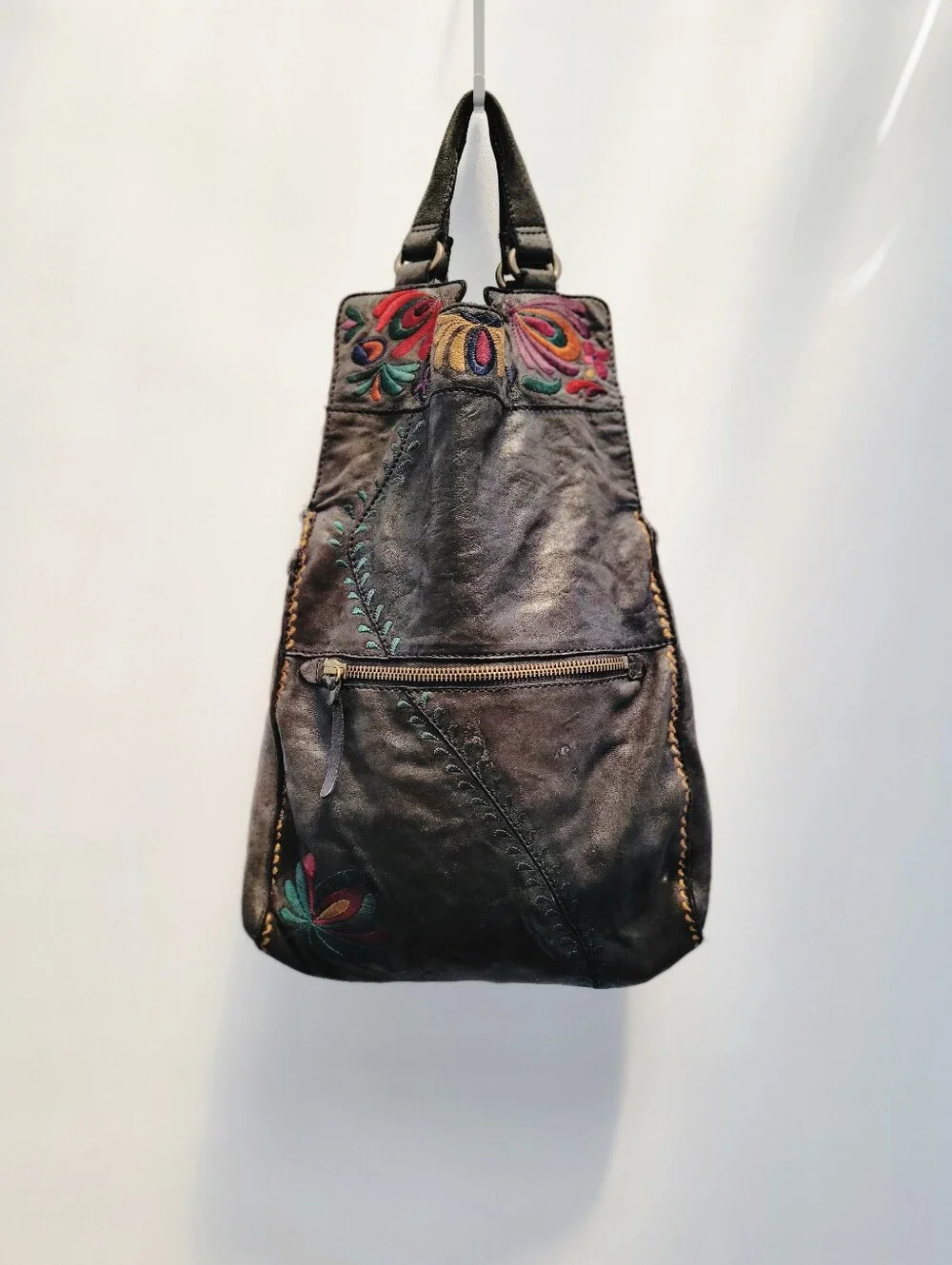 Lucky Brand Abbey Road Vintage Black Leather Hobo Bag Boho Embroidered Festival
